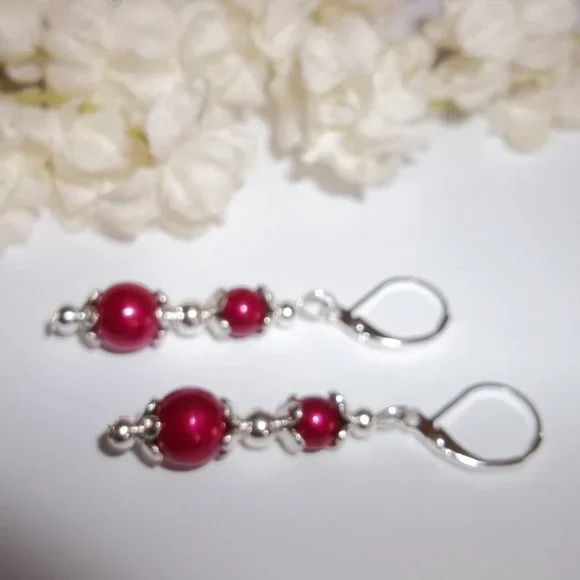 Pearl Earrings Red and Silver Beaded Dangle Drop Jewelry Set Pair NWT Gift 7350 - Picture 4 of 8